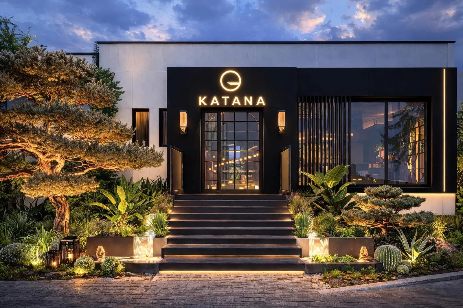 La façade de KATANA au crépuscule, Les Berges du Lac, Tunis